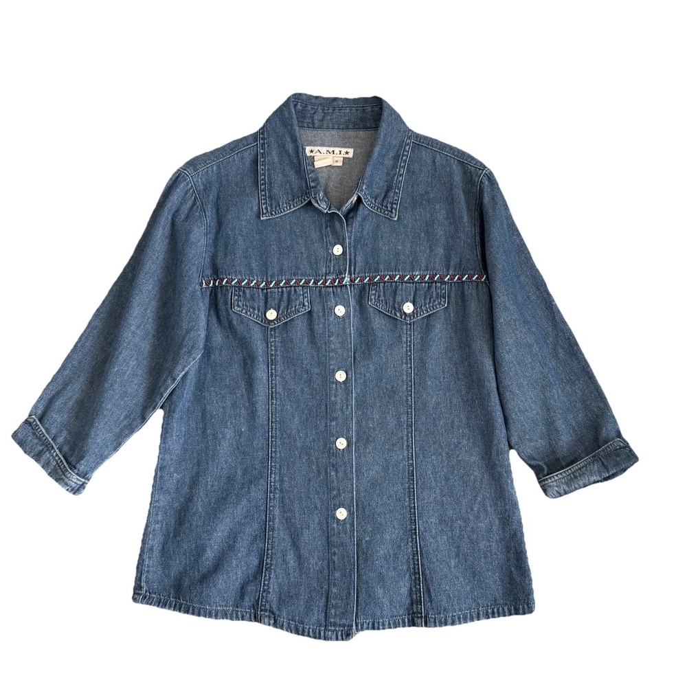 Vintage Denim Beaded Button Up Shirt Womens Medium 3/4 Sleeves Western Boho
